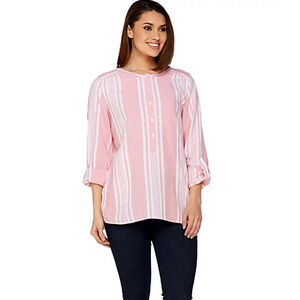 Denim & Co. Womens Striped Woven Top XS Pink Yarn Dyed Linen Blend NWOT